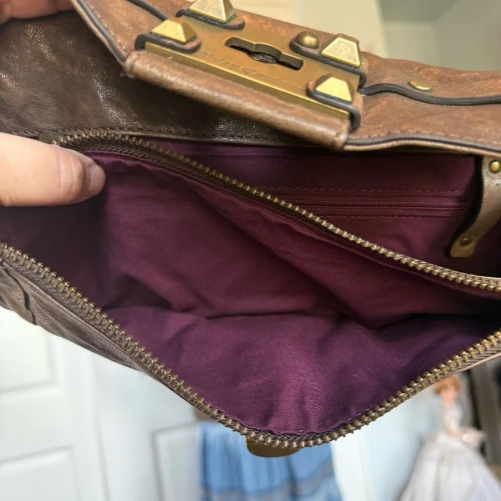Juicy Couture Brown Distressed Leather Steampunk Clutch Bag Gold 🔒  Y2K